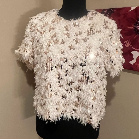 Amelia’s Boutique Cream Sequin & Feather Short Sleeve Crew Neck Top, size M - Picture 3 of 11